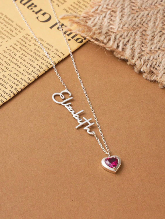 Customized Birthstone and Name Heart Necklace